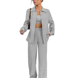 Shasmi Women’s 3-Piece Co-ord Set – Solid Button Front Shirt, Strapless Tube Top & Wide Leg Pants | Casual Loose Fit Western Outfit for Daily Spring/Fall Wear (Co-Ord-208)